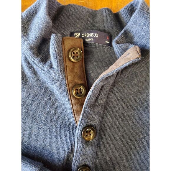 Cremieux Mens Blue Rib Long Sleeve Elbow Patches Shawl Neck Pullover Sweater L - Picture 2 of 8